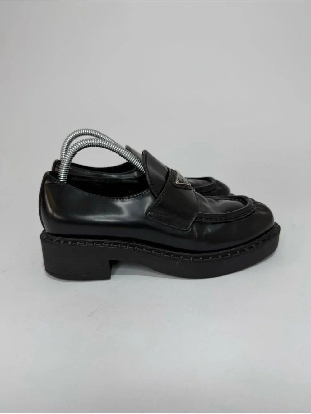Prada Black Leather Loafers with Silver Triangle Logos - Picture 2 of 6